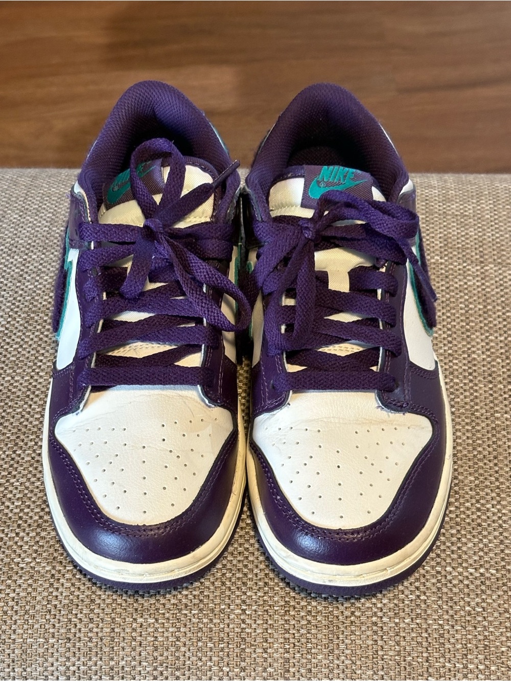 Nike Dunk Low Retro Women’s Purple, Teal and White Low-Top Sneakers w/Logo.